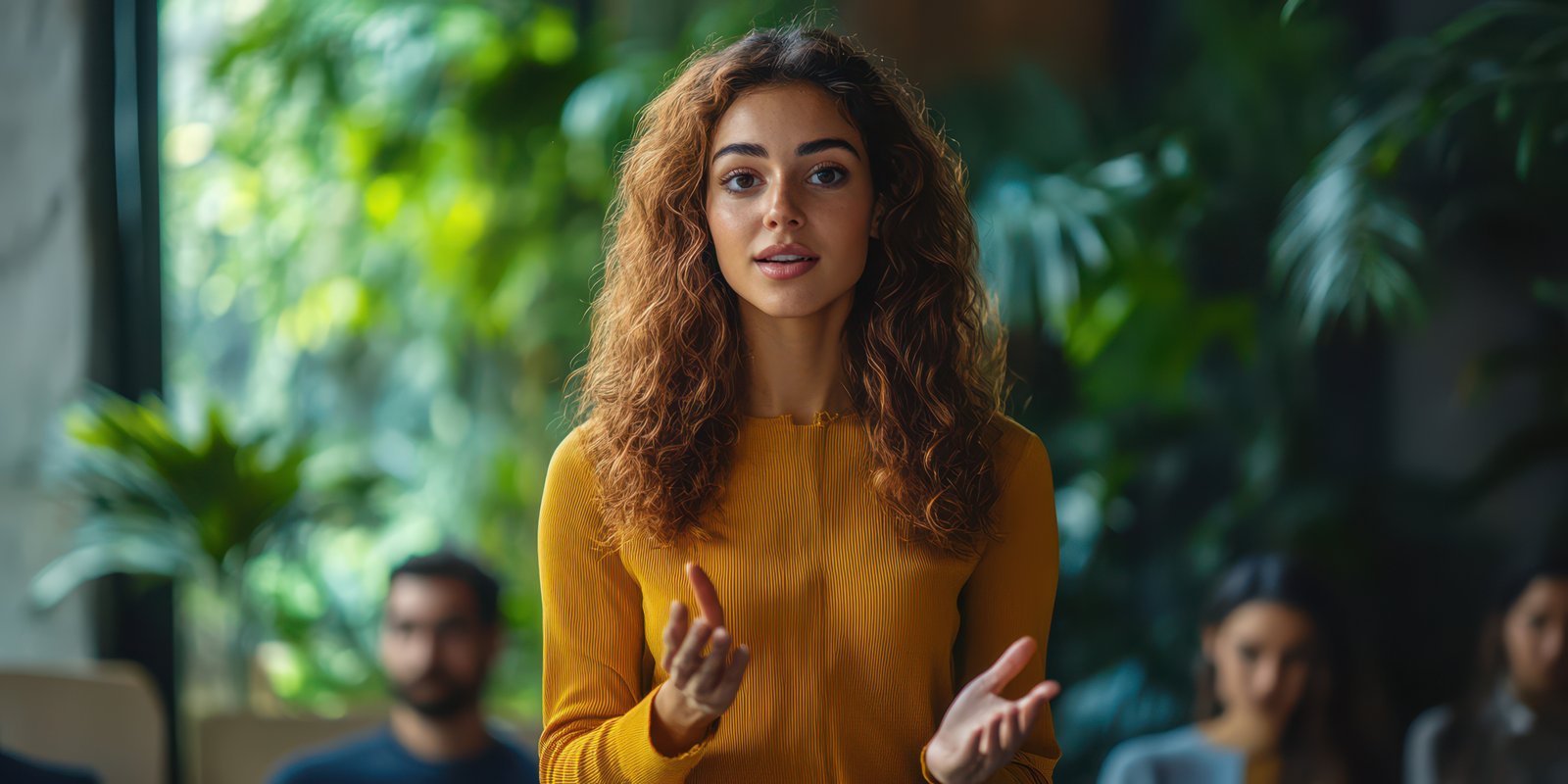 Engaging speaker presents ideas in a lush, vibrant indoor setting during a collaborative discussion event